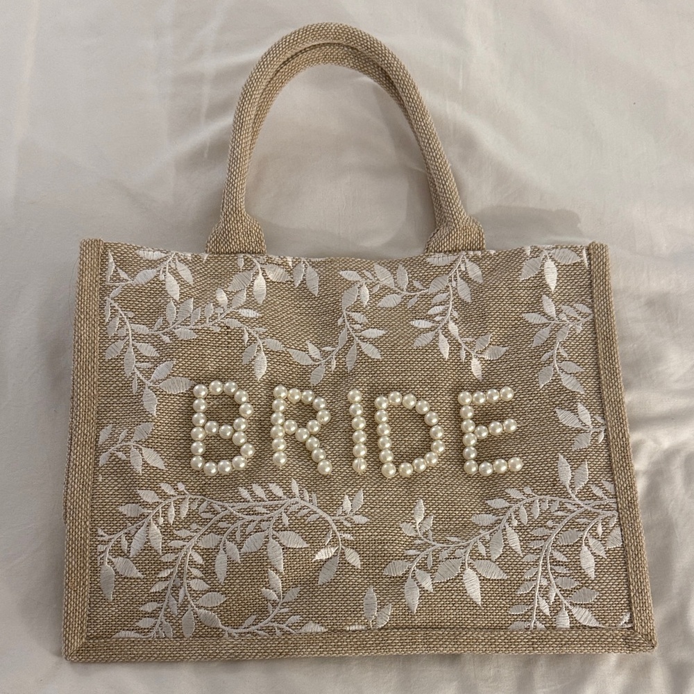 Bride Jute Tote Bag with Pearl Lettering - Neutral